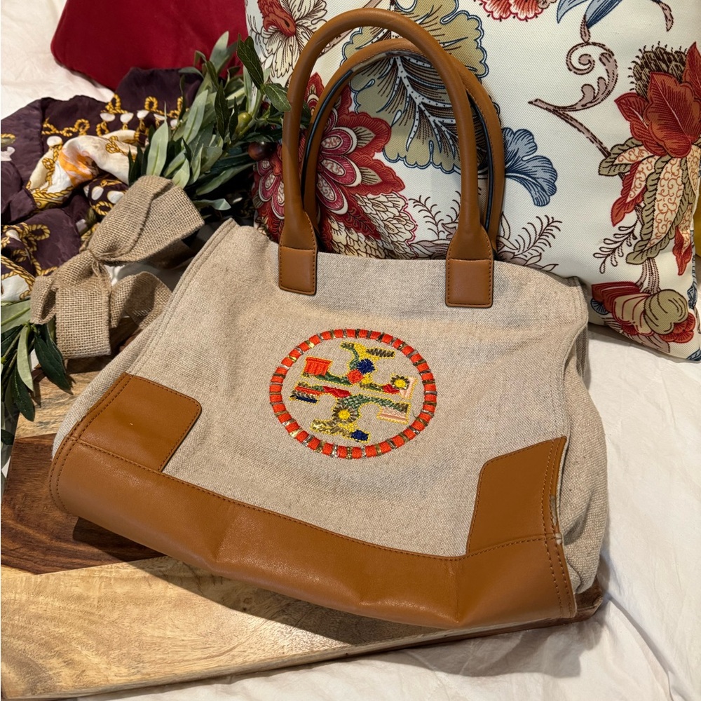 Tory Burch Leather and Canvas Tote